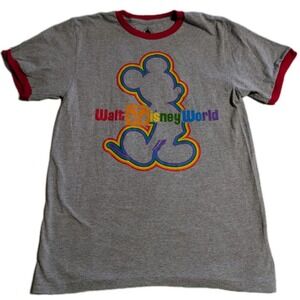 Walt Disney World Pride Mickey Rainbow Ringer T-Shirt Adult Medium Gray Red